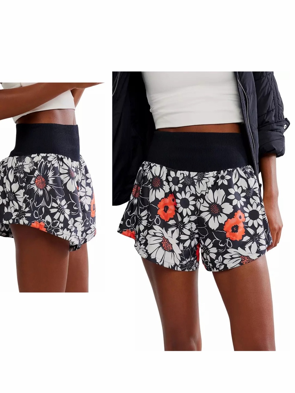 Free People FP Movement Tuxedo Daisy Print Shorts Size M Inside Liner NWT